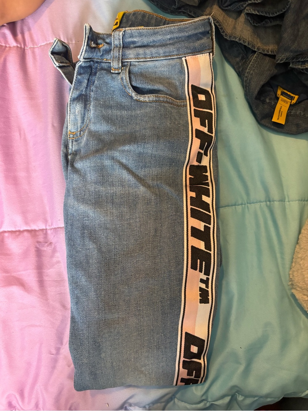 Off-White Light Blue Kids Jeans with Black Branded Side Tape